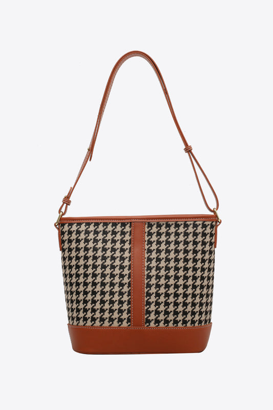 - Houndstooth Leather Shoulder Bag - Caramel / One Size - Optima Women