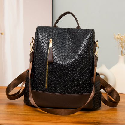 - Classic Patterned Leather Backpack - Black / One Size - Optima Women