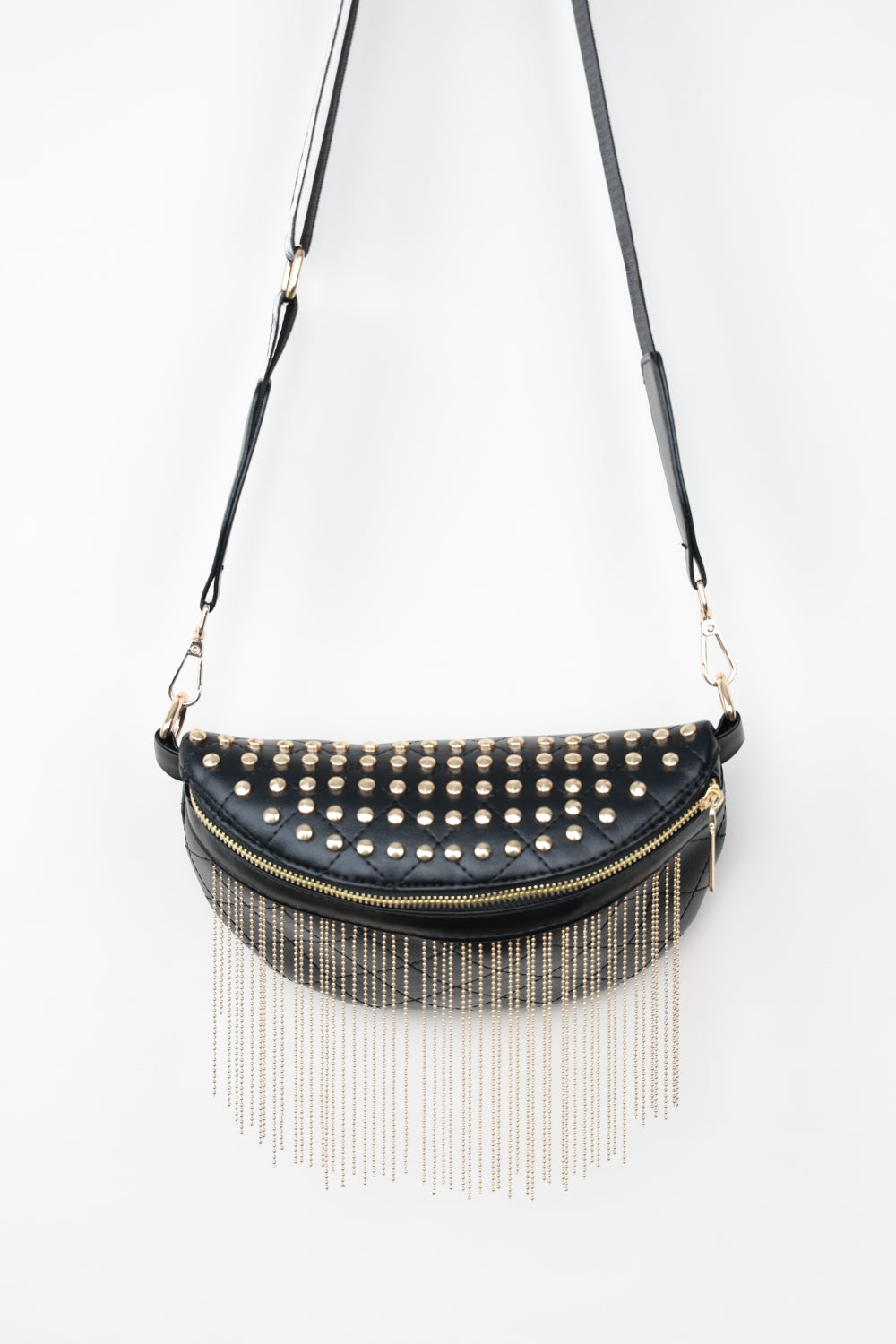 - Classic Studded Sling Bag with Fringes - Gold / One Size - Optima Women