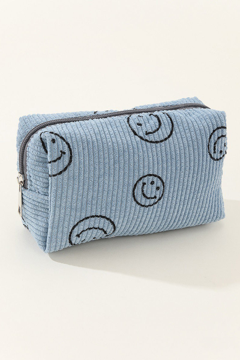 - Smiley Face Corduroy Cosmetic Pouch - Blue / One Size - Optima Women