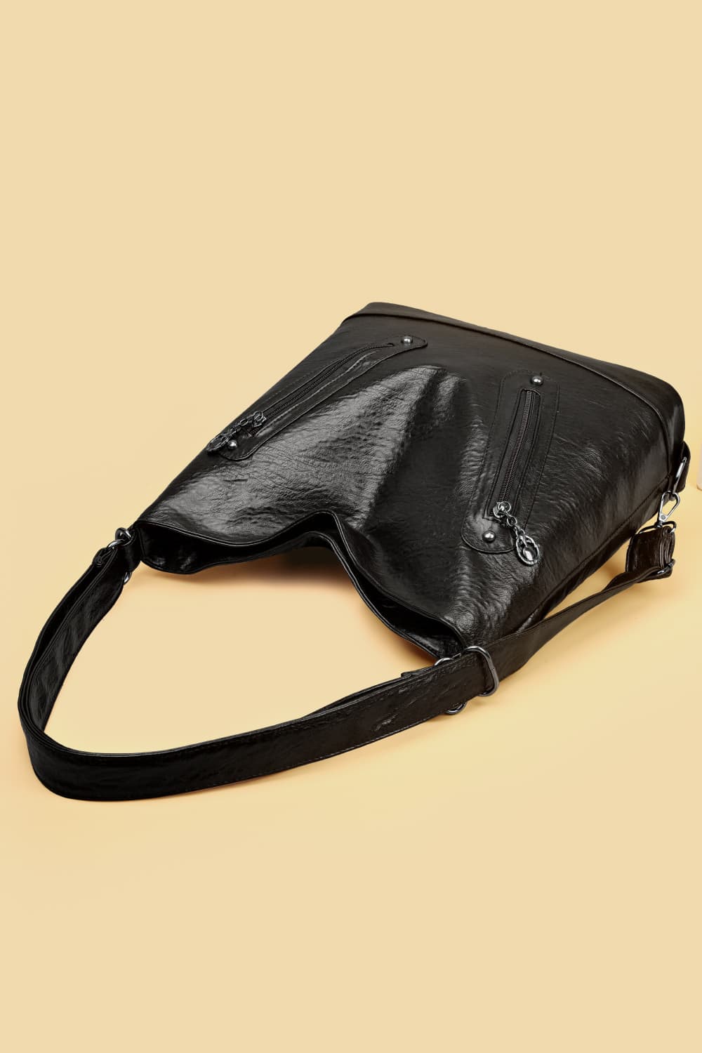 - Double Zipper Leather Shoulder Bag - Black / One Size - Optima Women