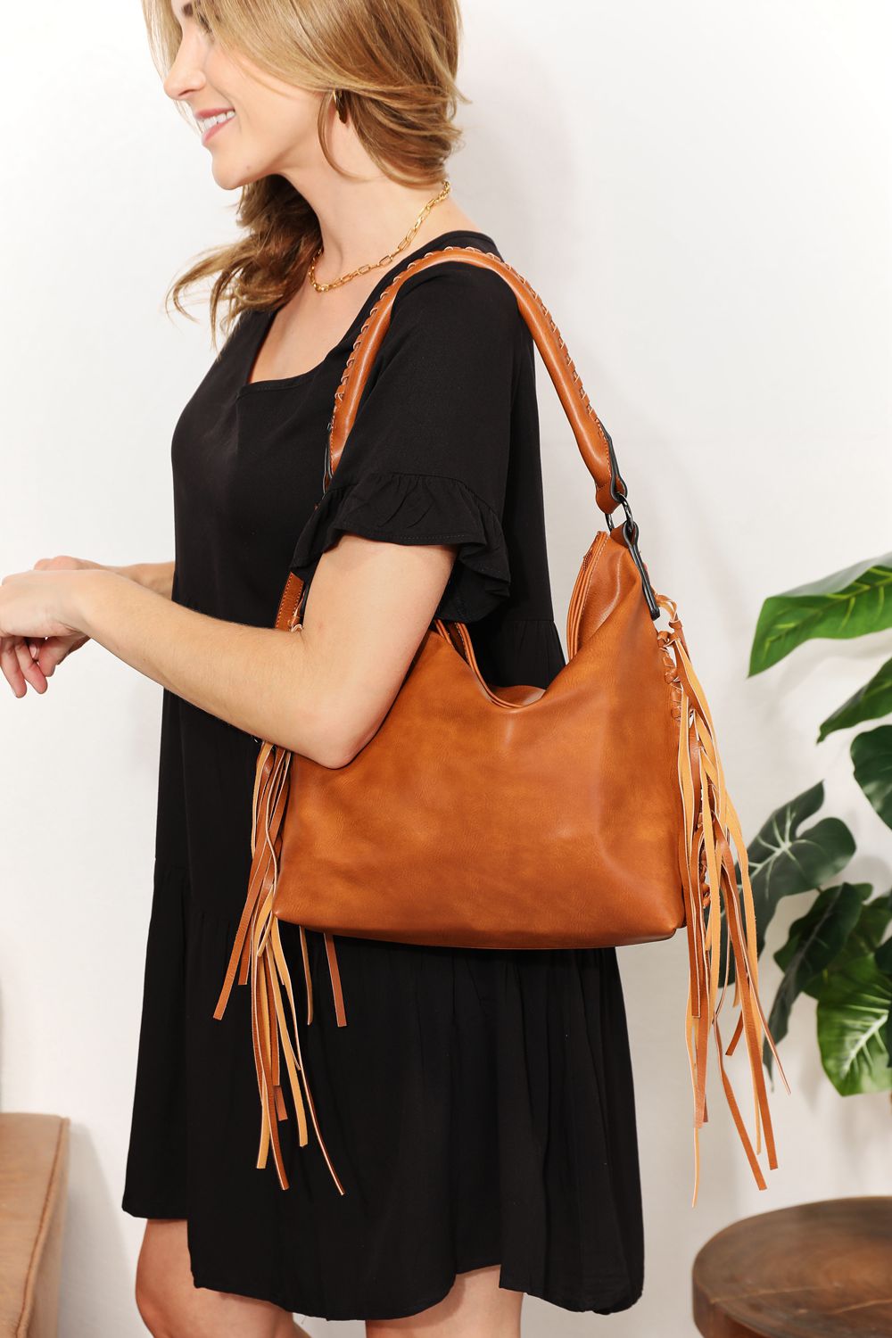 - Leather Fringed Shoulder Bag - Caramel / One Size - Optima Women