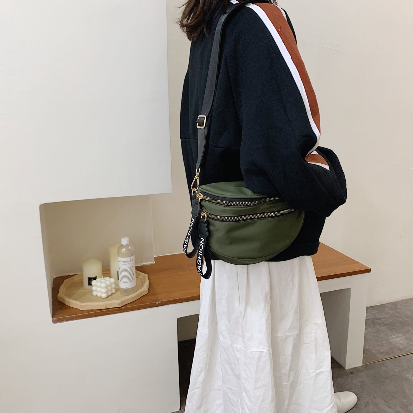 - Double Zip Sling Bag - Army Green / One Size - Optima Women