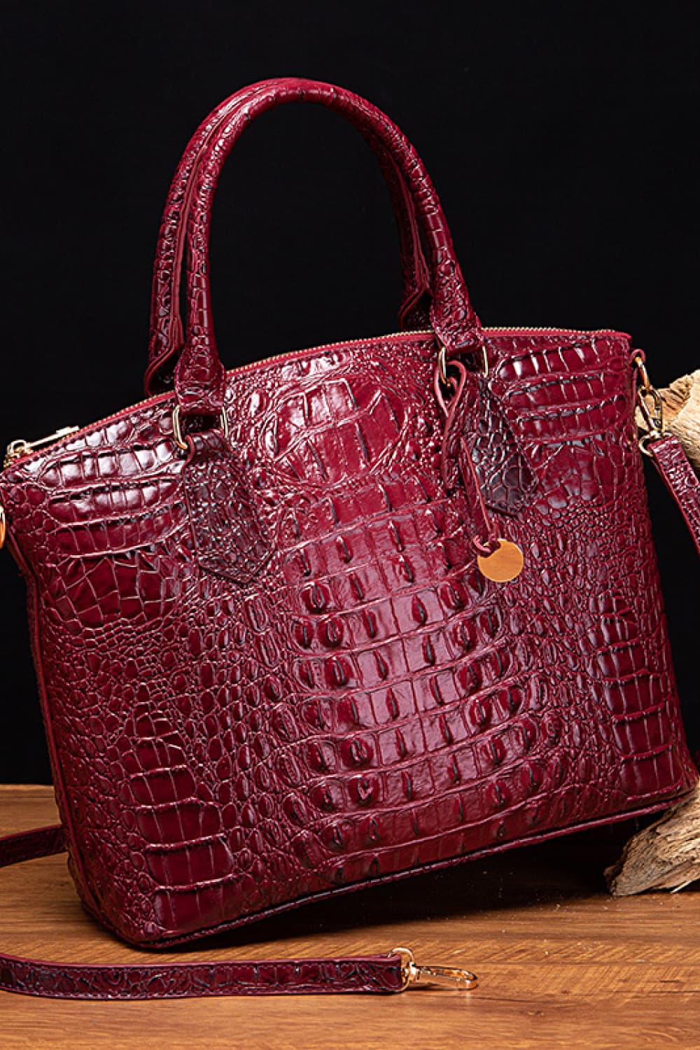 - Classic Croc-Embossed Handbag - Wine / One Size - Optima Women