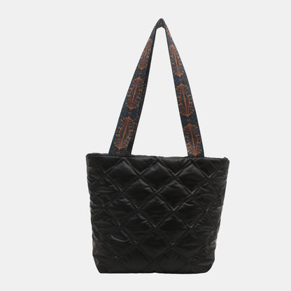 - Quilted Printed Strap Tote Bag - Black / One Size - Optima Women