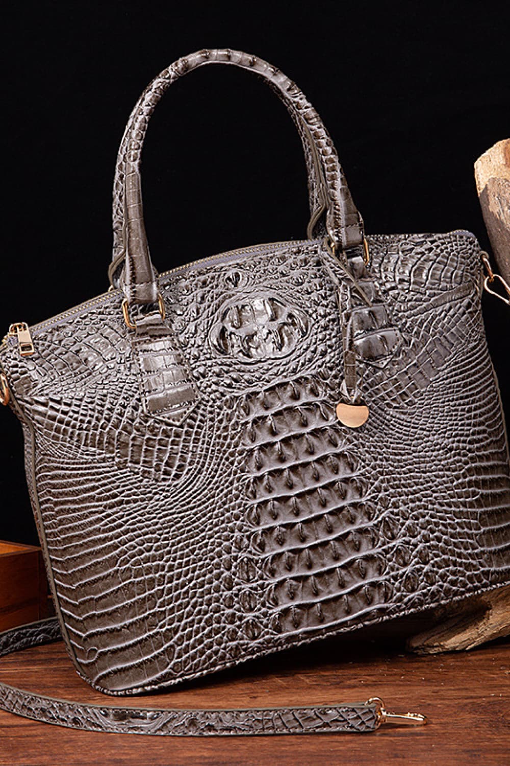 - Classic Croc-Embossed Handbag - Charcoal / One Size - Optima Women