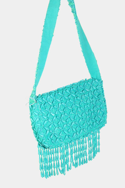 - Beaded Fringe Shoulder Bag - Tiffany Blue / One Size - Optima Women