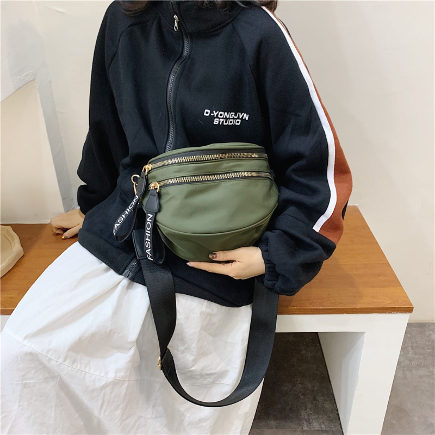 - Double Zip Sling Bag - Army Green / One Size - Optima Women