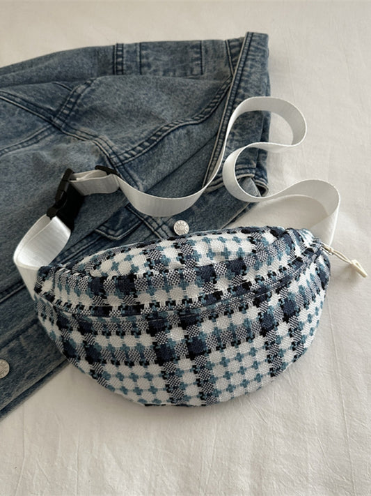 - Plaid Woven Sling Bag - French Blue / One Size - Optima Women