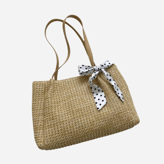 - Ribbon Woven Handbag - Tan / One Size - Optima Women