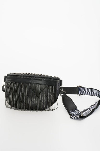 - Classic Studded Sling Bag with Fringes - Gold / One Size - Optima Women