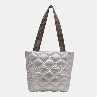 - Quilted Printed Strap Tote Bag - Silver / One Size - Optima Women