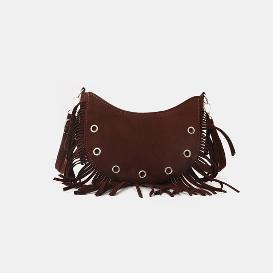 - Fringe Suede Crossbody Bag - Dark Brown / One Size - Optima Women