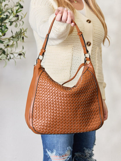 - Weaved Vegan Leather Handbag - Tan / One Size - Optima Women