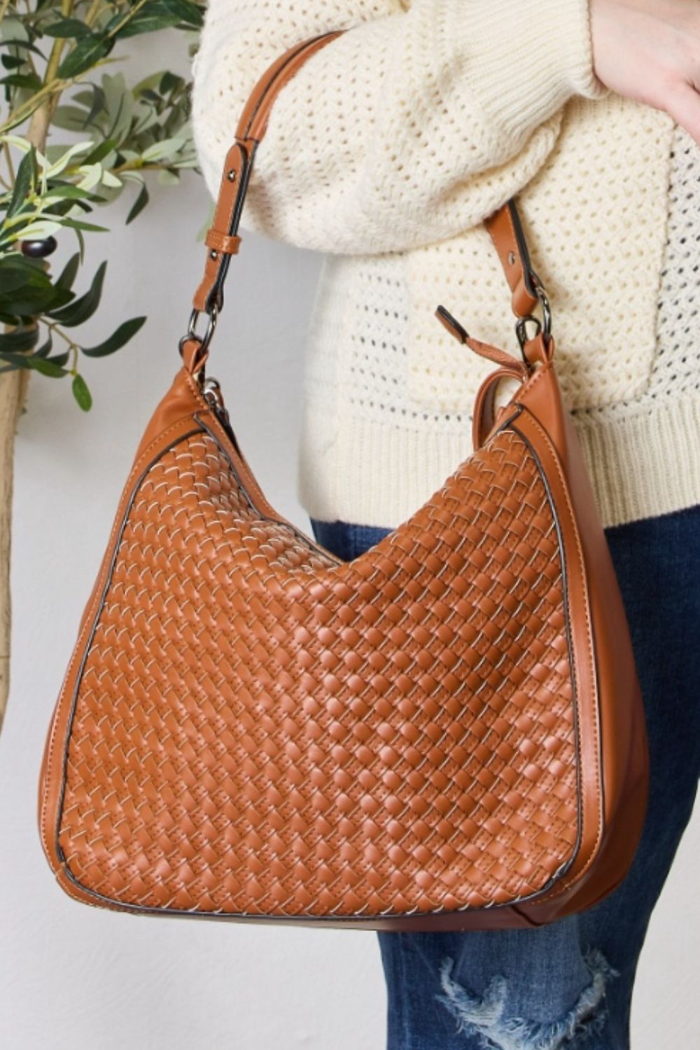 - Weaved Vegan Leather Handbag - Tan / One Size - Optima Women