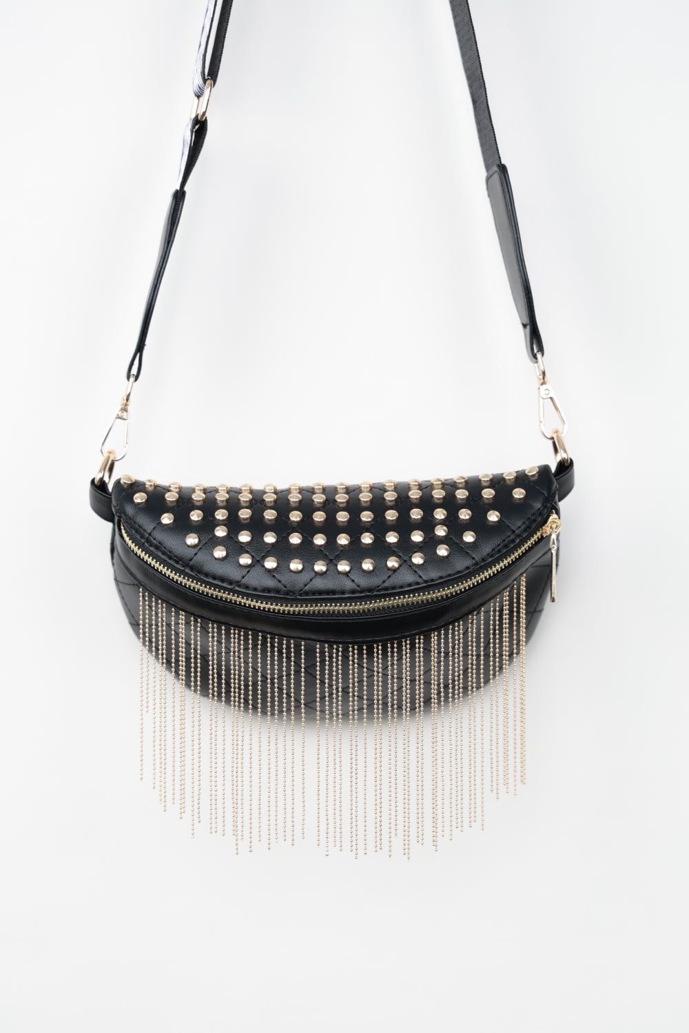 - Classic Studded Sling Bag with Fringes - Gold / One Size - Optima Women