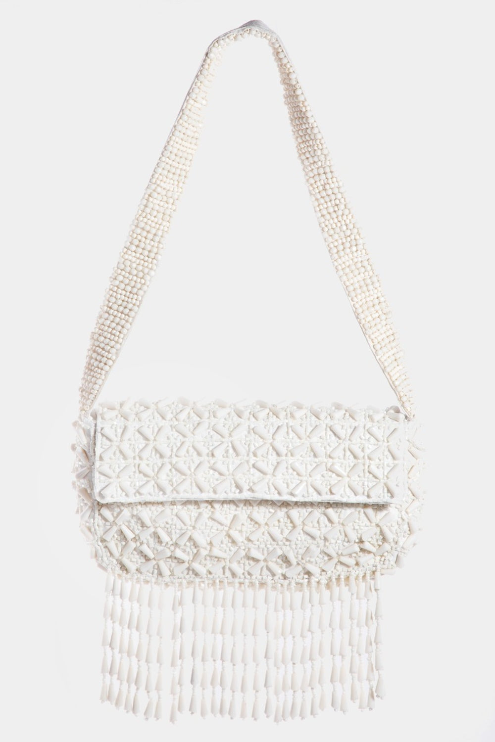 - Beaded Fringe Shoulder Bag - Cream / One Size - Optima Women