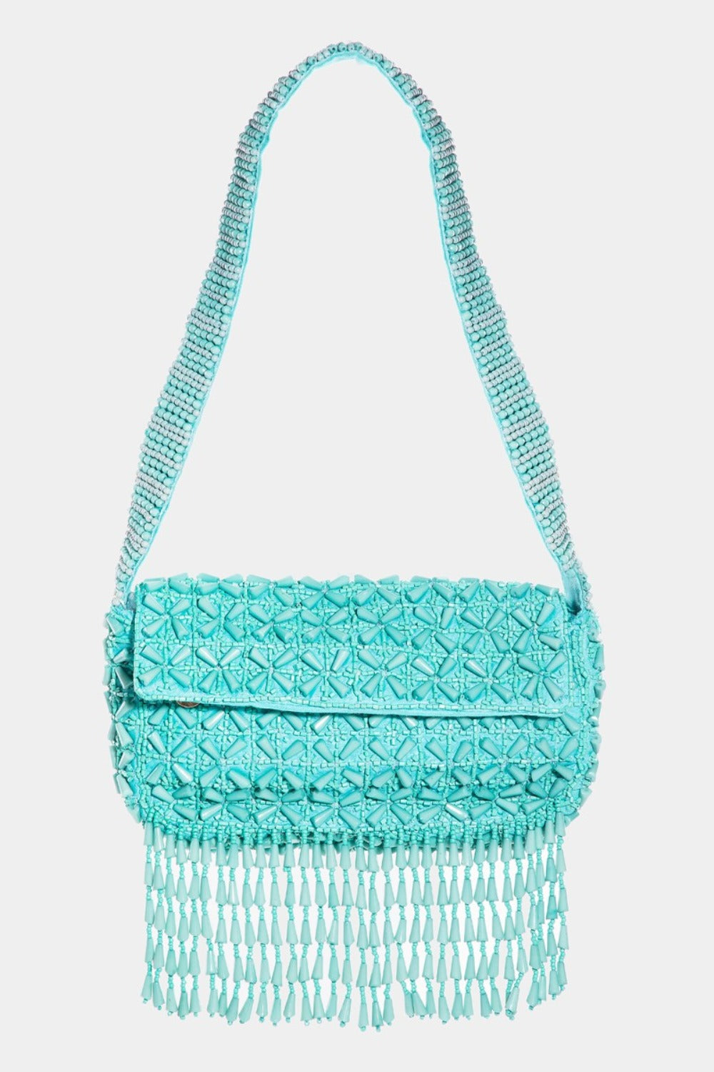 - Beaded Fringe Shoulder Bag - Tiffany Blue / One Size - Optima Women