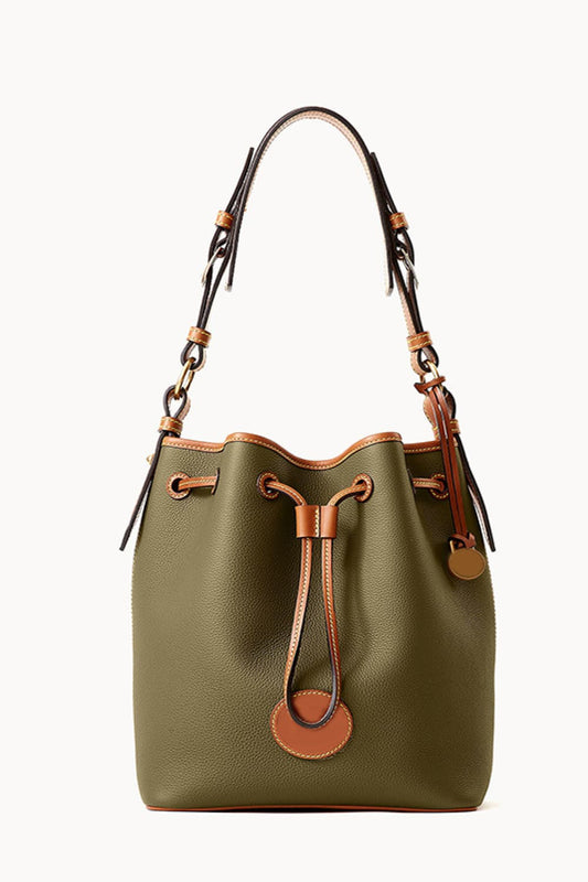 - Drawstring Leather Bucket Bag - Olive / One Size - Optima Women