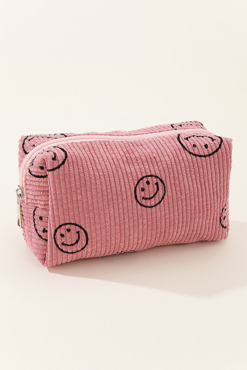 - Smiley Face Corduroy Cosmetic Pouch - Pink / One Size - Optima Women