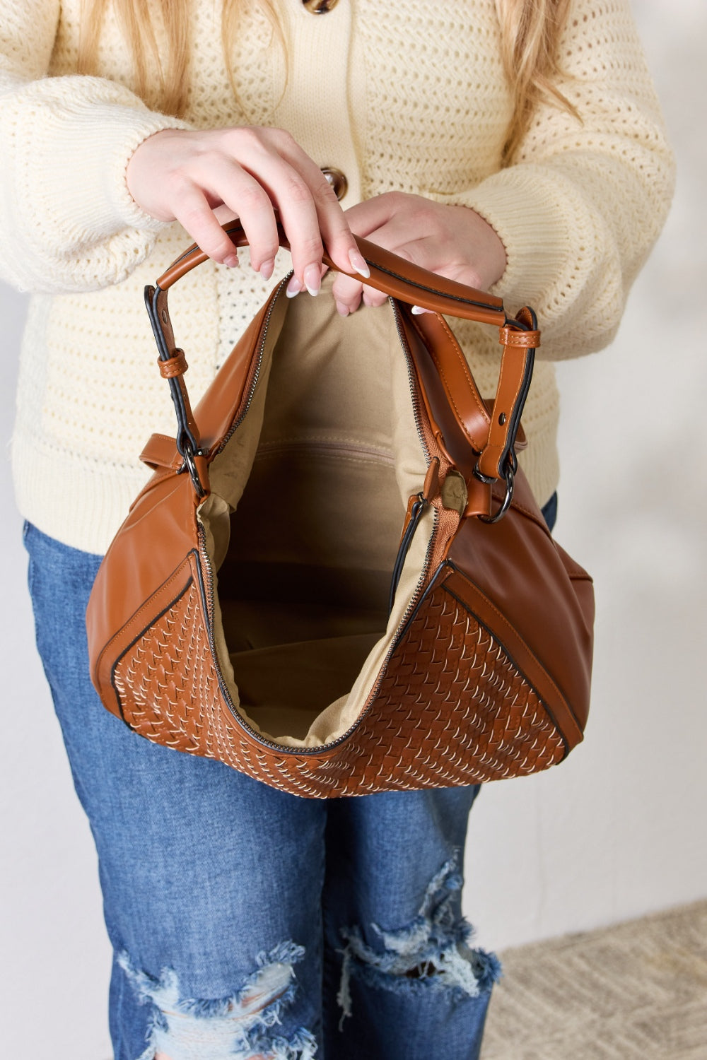 - Weaved Vegan Leather Handbag - Tan / One Size - Optima Women