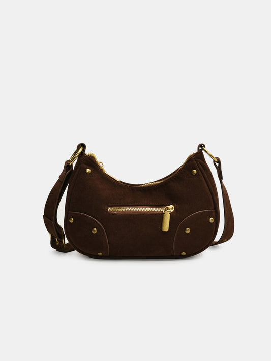 - Suede Studded Shoulder Bag - Coffee Brown / One Size - Optima Women