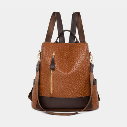 - Classic Patterned Leather Backpack - Brown / One Size - Optima Women