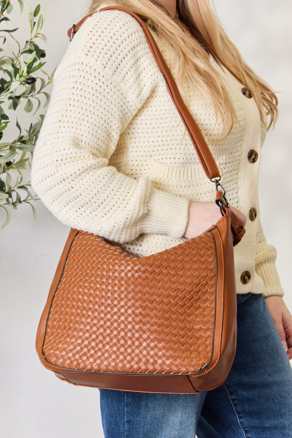 - Weaved Vegan Leather Handbag - Tan / One Size - Optima Women