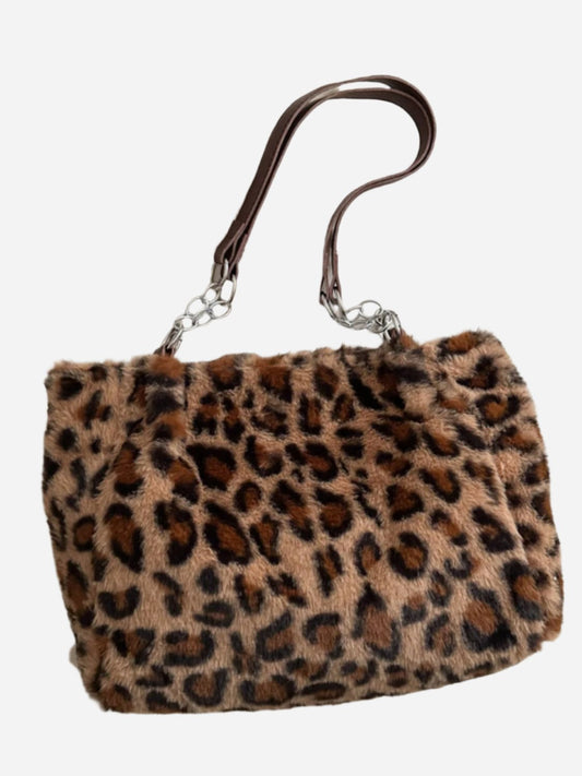 - Furry Leopard Shoulder Bag - Brown / One Size - Optima Women