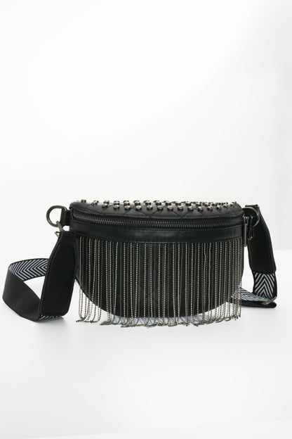 - Classic Studded Sling Bag with Fringes - Gold / One Size - Optima Women