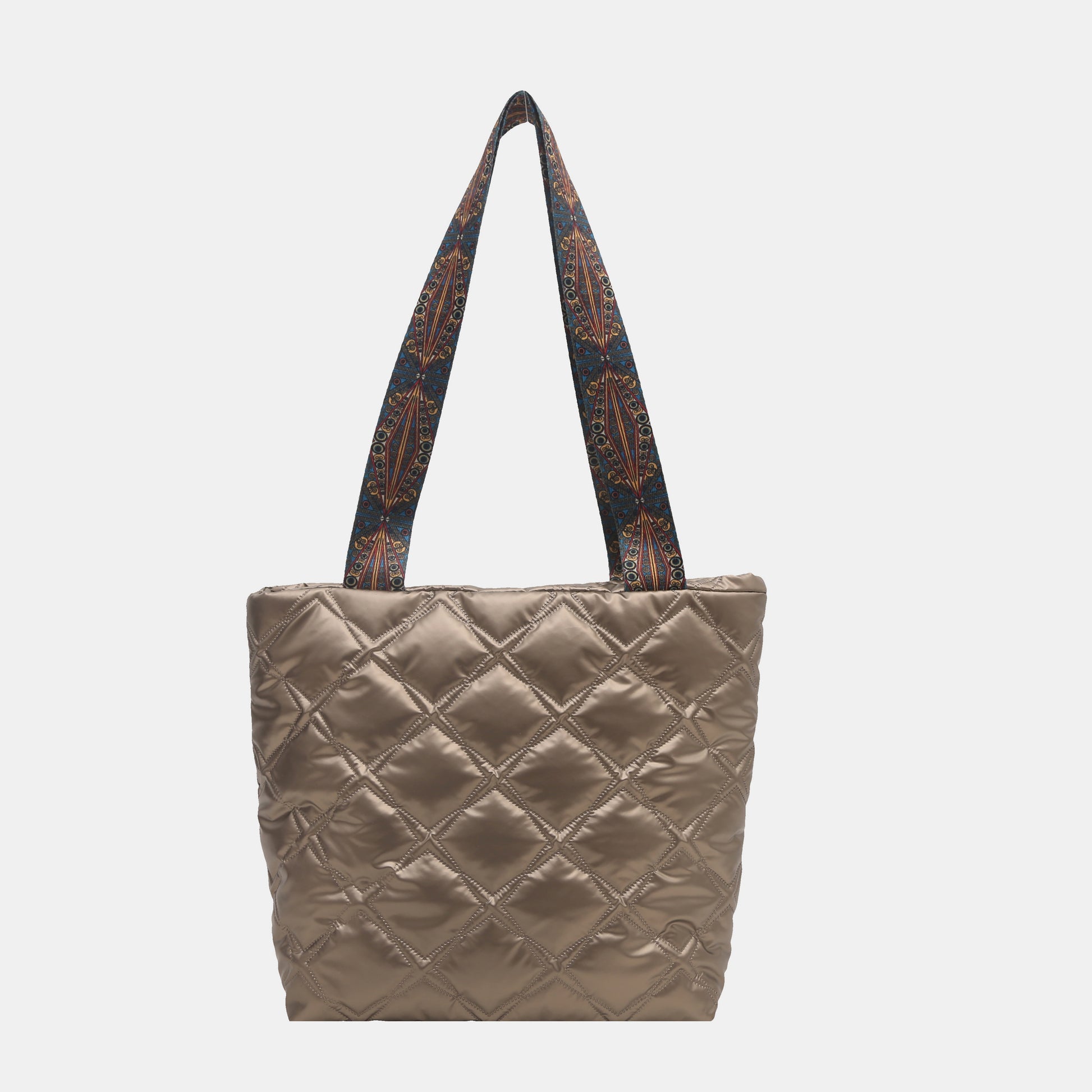 - Quilted Printed Strap Tote Bag - Gold / One Size - Optima Women