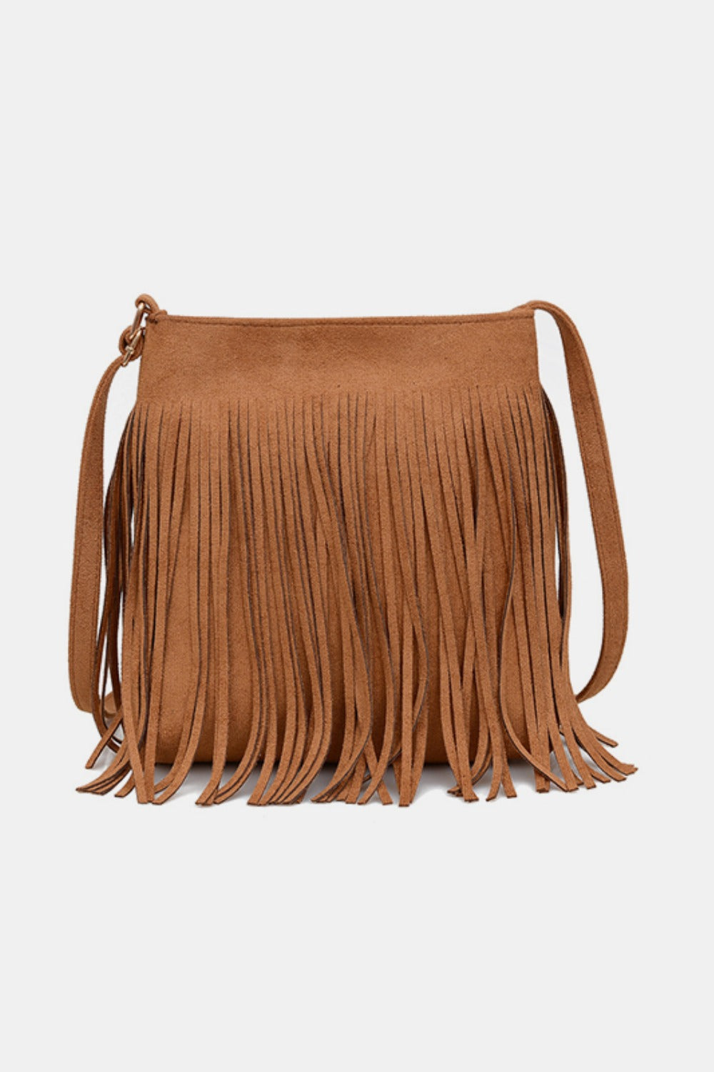 - Classic Suede Fringe Shoulder Bag - Caramel / One Size - Optima Women