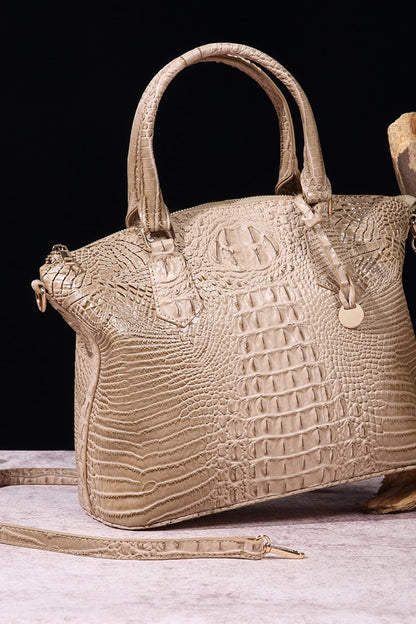 - Classic Croc-Embossed Handbag - Khaki / One Size - Optima Women