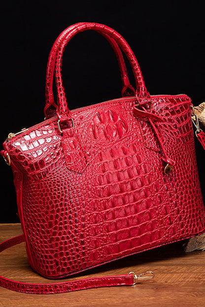 - Classic Croc-Embossed Handbag - Deep Red / One Size - Optima Women