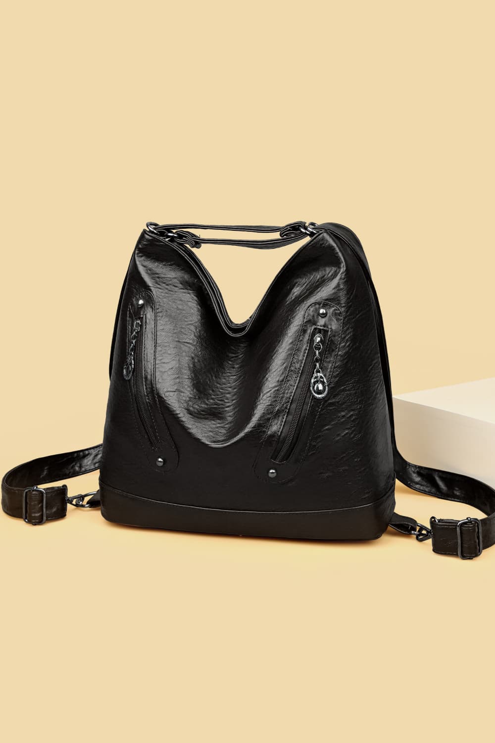 - Double Zipper Leather Shoulder Bag - Black / One Size - Optima Women