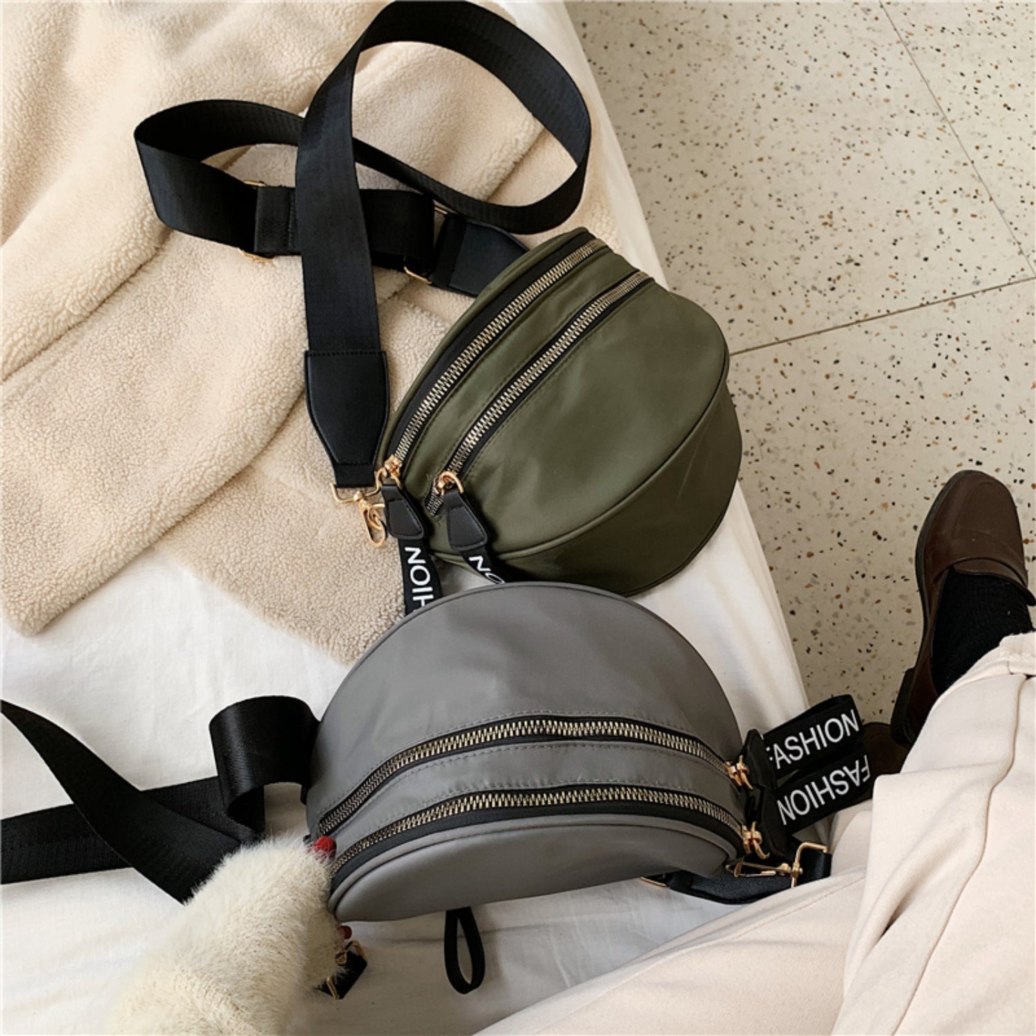 - Double Zip Sling Bag - Army Green / One Size - Optima Women