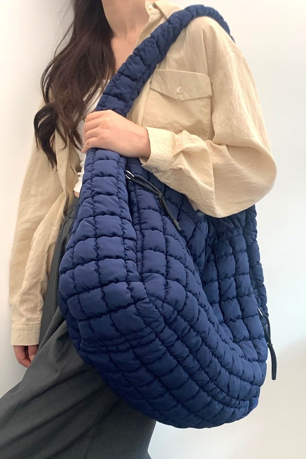 - Quilted Puffy Carryall Shoulder Bag - Navy / One Size - Optima Women