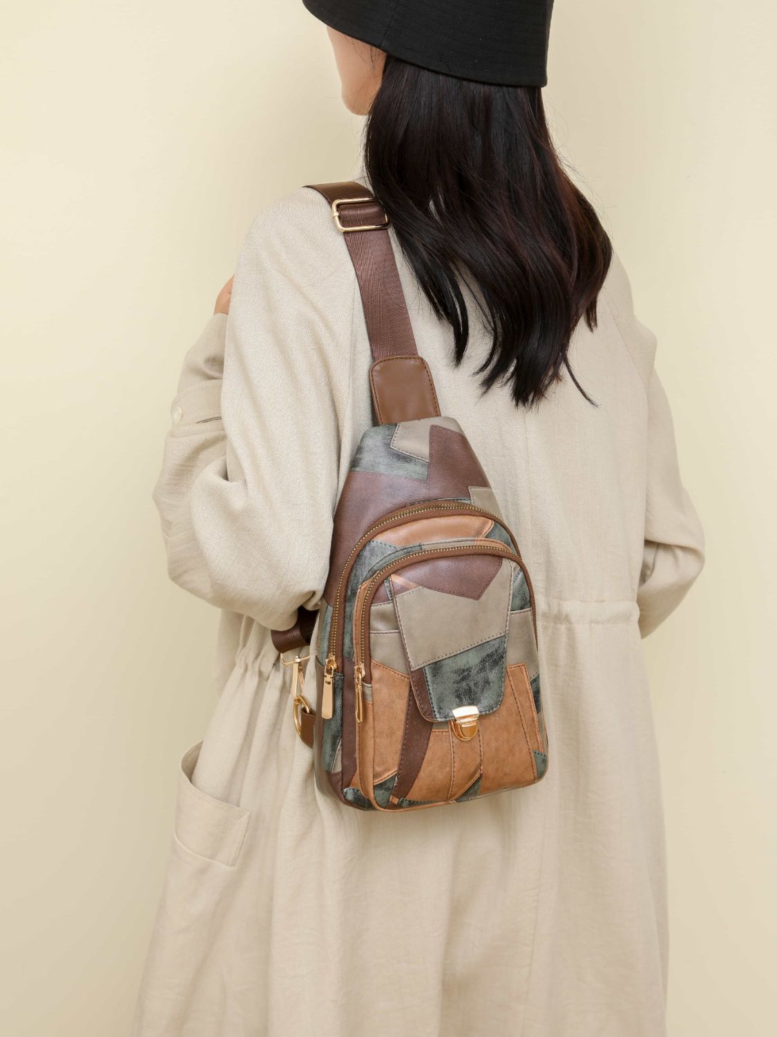 - Color Block Sling Bag - Camel / One Size - Optima Women