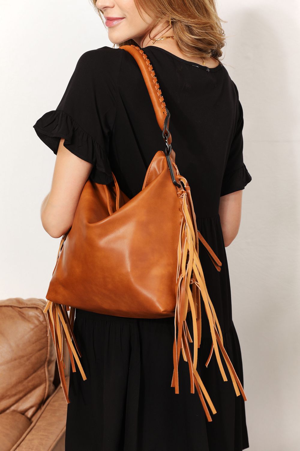 - Leather Fringed Shoulder Bag - Sage / One Size - Optima Women