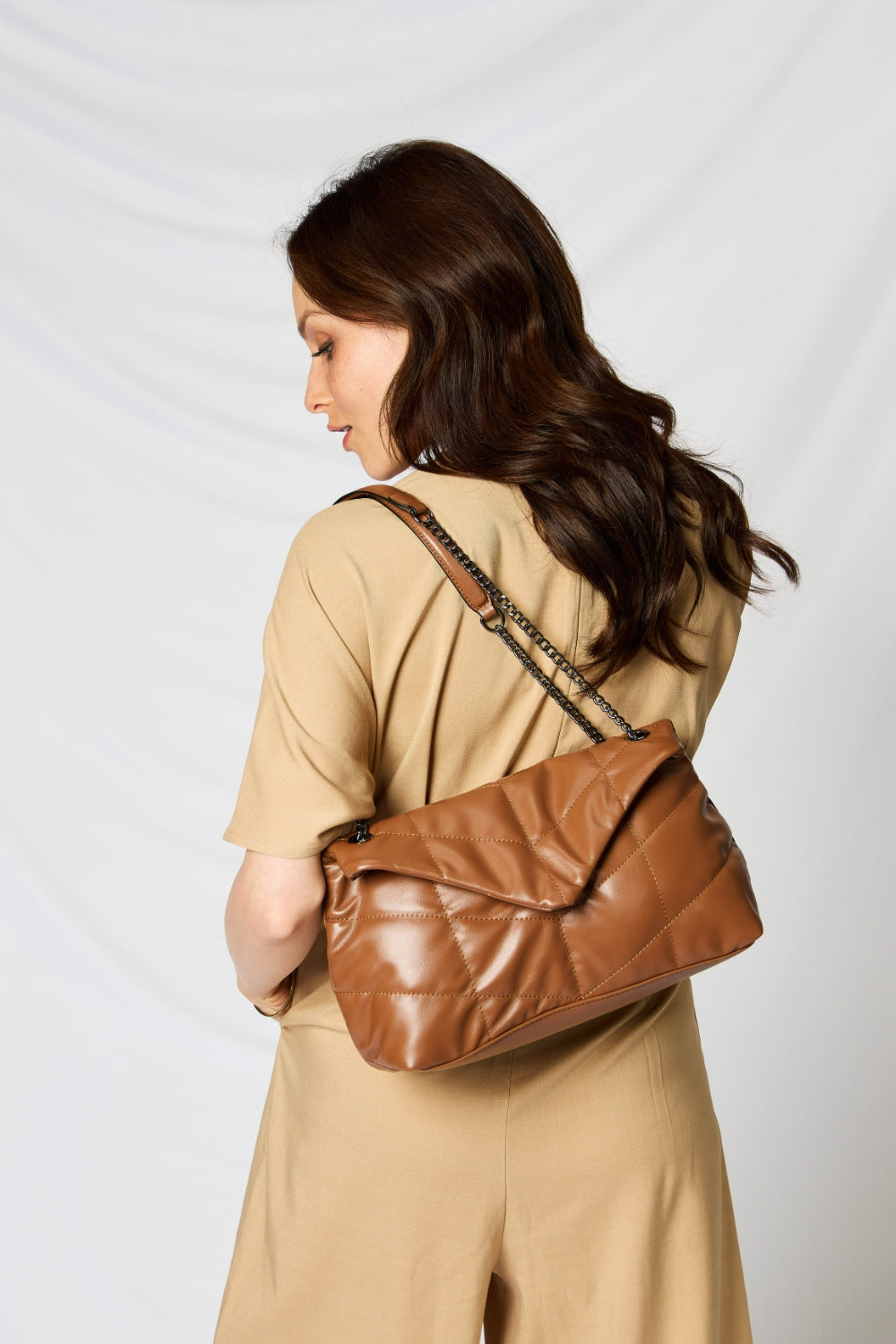 - Minimalist Chain Strap Shoulder Bag - Tan / One Size - Optima Women